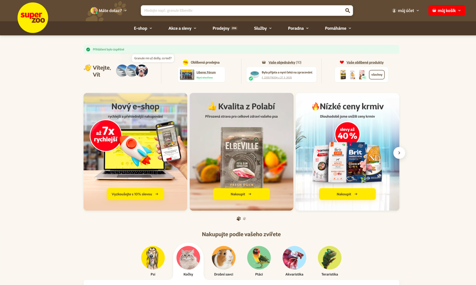 Každý přihlášený uživatel má důležité informace přehledně na domovské stránce.