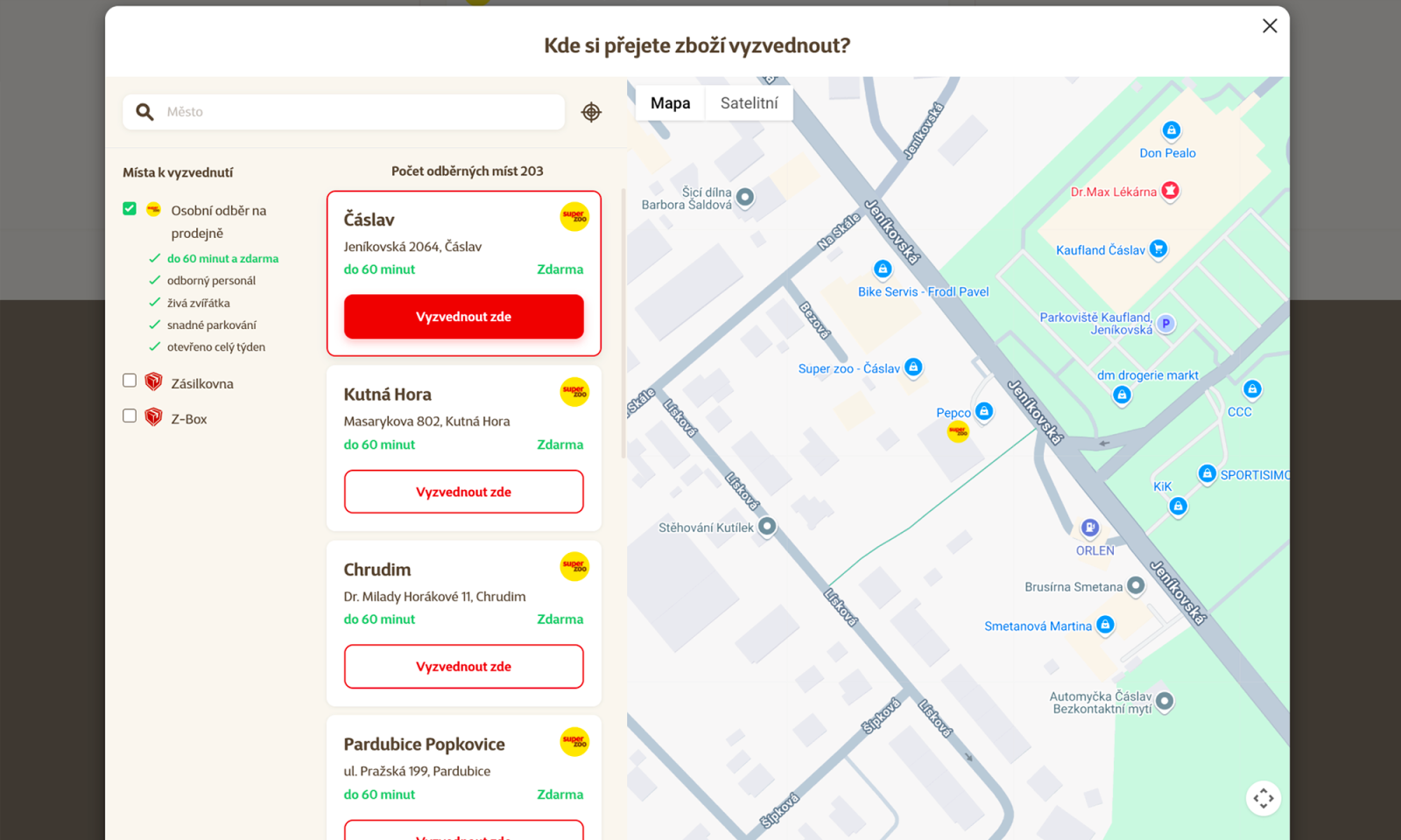 Pohodlný výběr místa, kde si přeje zákazník objednávku vyzvednout.