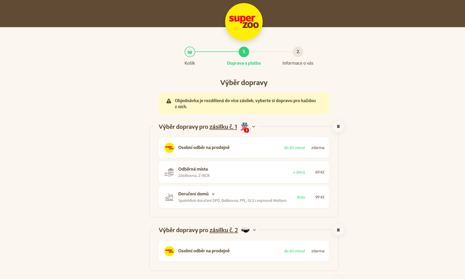Je nutné obsah košíku rozdělit? Web automatizovaně rozdělí obsah košíku dle aktuálních logistických možností do zásilek.