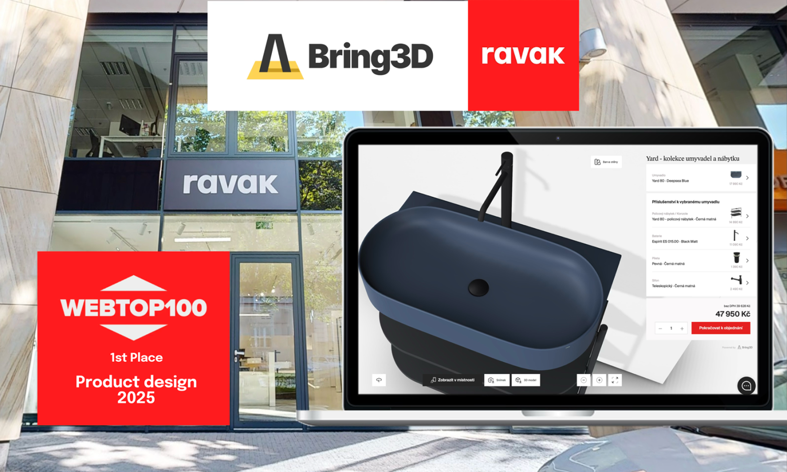 Oceněný 3D/AR konfigurátor pro RAVAK, který propojuje realistické 3D zobrazení, konfiguraci produktu a obchodní využití na webu.