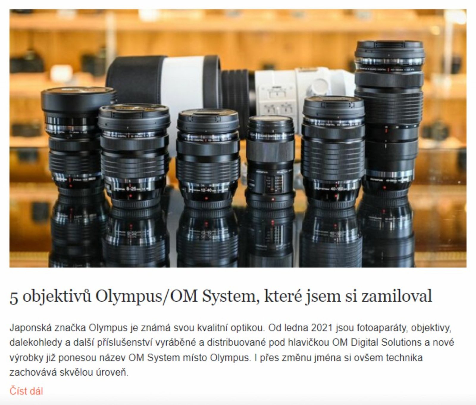 Příklad doporučeného článku v automatizovaném e-mailu odeslaném na základě prohlížení produktů. Článek “5 objektivů Olympus…” je automaticky doporučen zákazníkovi dle jeho předešlých nákupů značky Olympus.